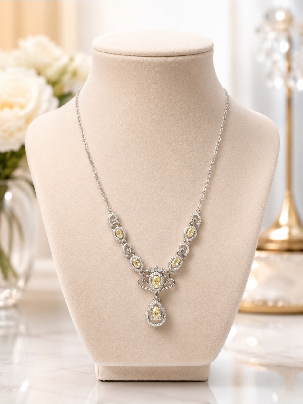 Elegant Yellow Crystal Halo Pendant Necklace | Non-Tarnish | wear Everyday